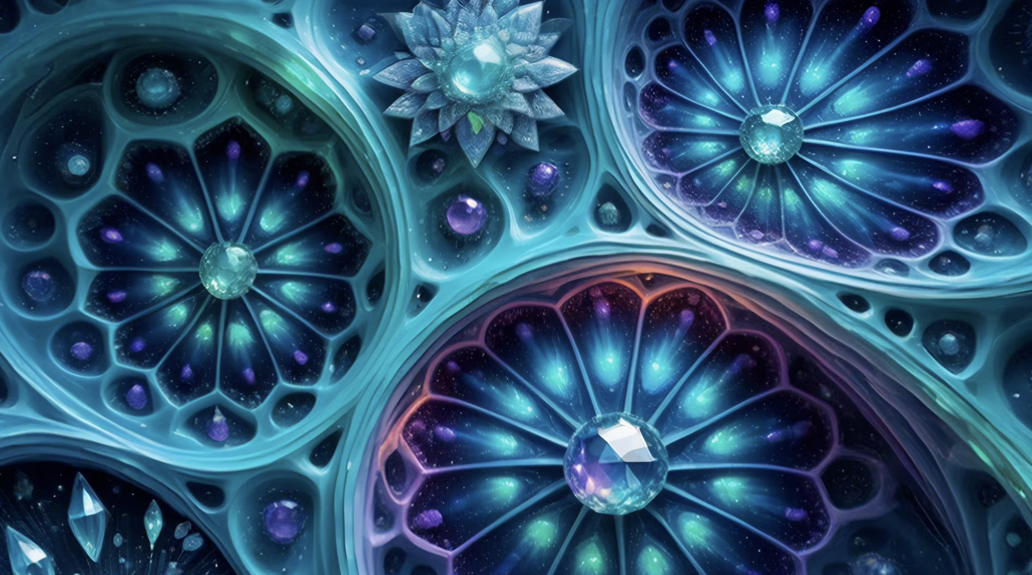 Intricate cellular and crystalline patterns in teal and blue, perfect for visual meditation.